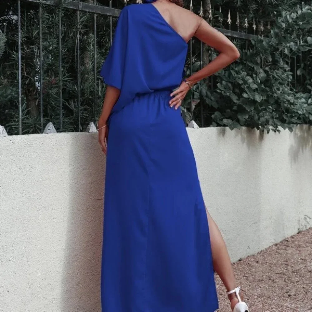 Blue One Shoulder Slit Hem Maxi Dress - Picture 4 of 5